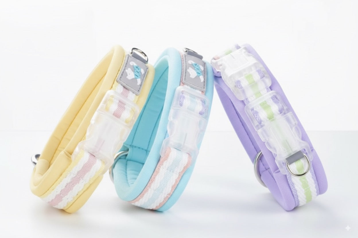 Three colorful dog collars on a white background, Adjustable Dog Collars 3 colors available, blue, yellow, purple