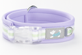 Lavender dog collar with a reflective strip and a silver tag on a white background
