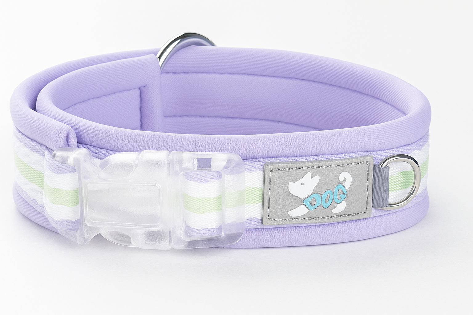 Lavender dog collar with a reflective strip and a silver tag on a white background