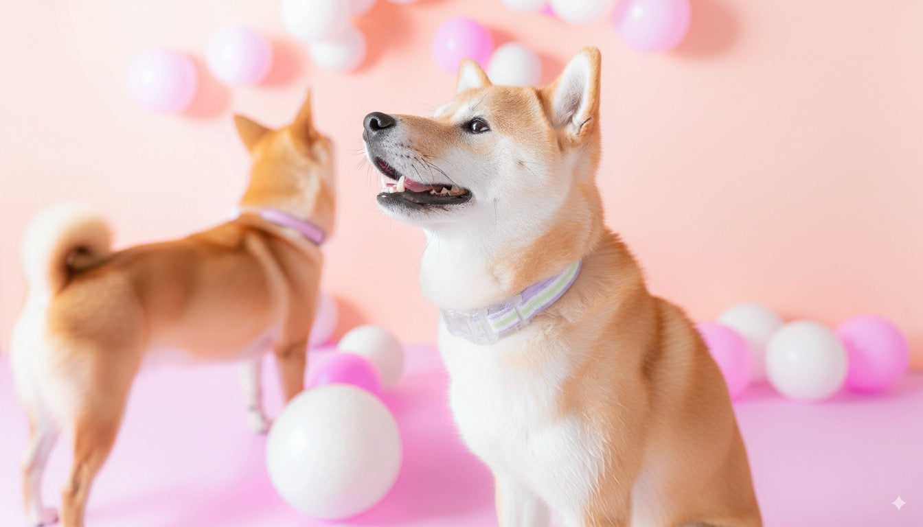 Two dogs in a festive setting with balloons and a pink background, "Dog wearing lavender adjustable collar