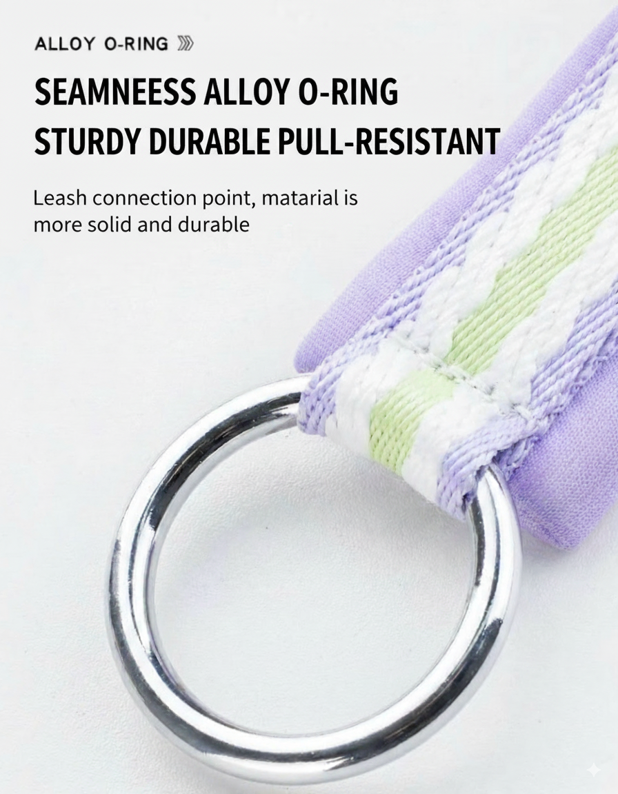Alloy O-ring on a leash with text describing its features, leash connection point, material is more solid and durable, pull resistant  