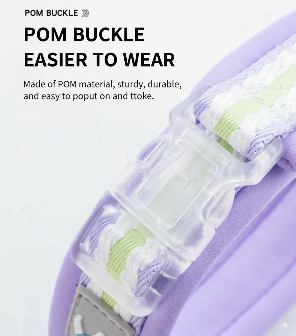 Product with a clear POM buckle on a light gray background, easier to wear, made of POM material, sturdy durable, and easy to pop on and off