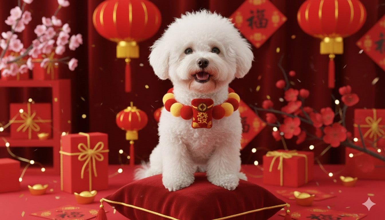 Pet wearing red and gold Lunar New Year neck cuddle