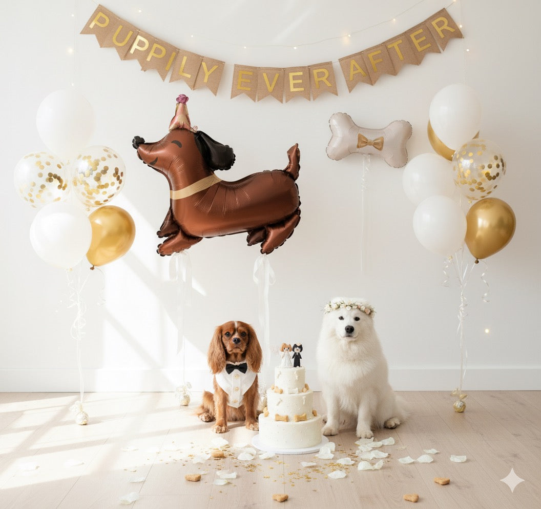 Two dogs with a cake and balloons in a decorated room with 'Puppy Ever After' banner.
