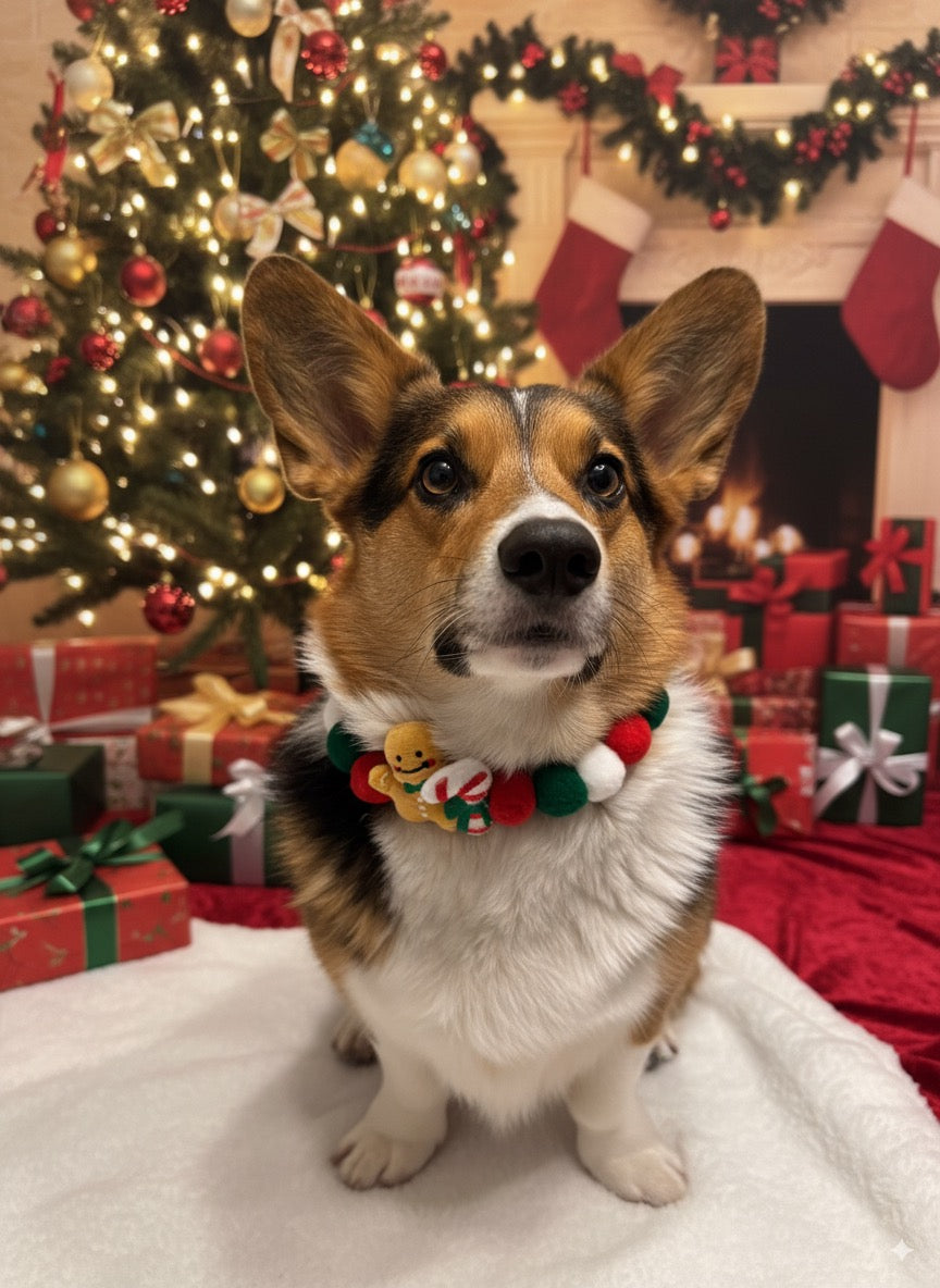 Pet wearing gingerbread and candy cane Christmas collar