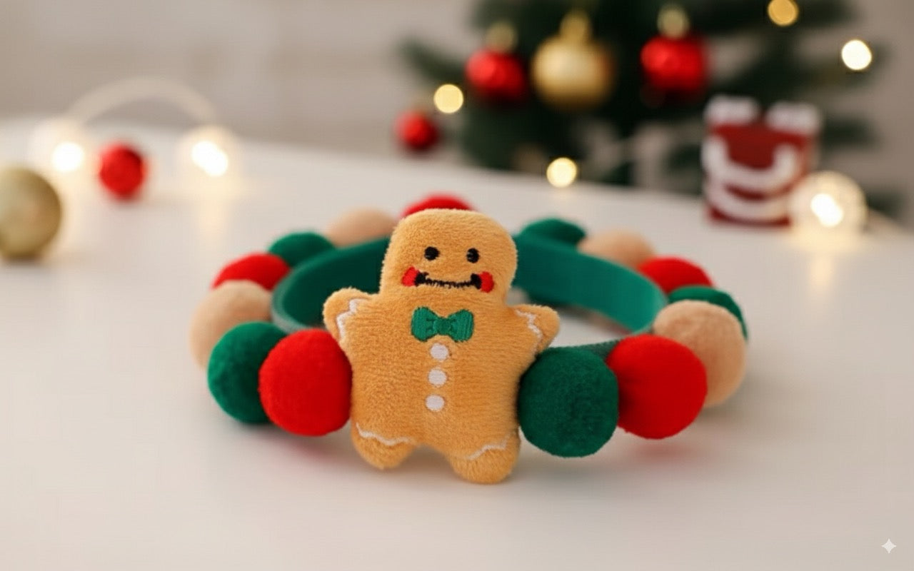 Gingerbread plush holiday pet collar accessory