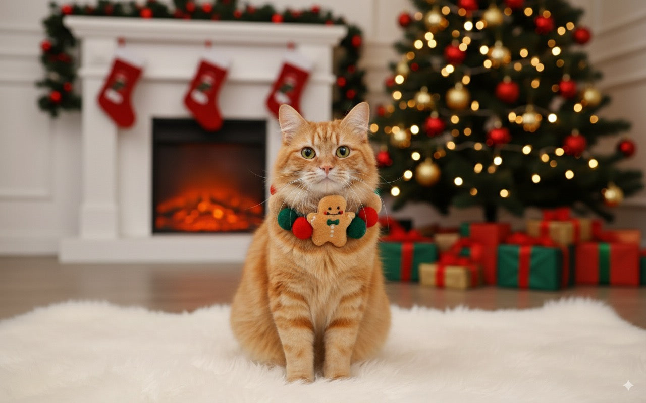 Pet wearing gingerbread Christmas neck cuddle