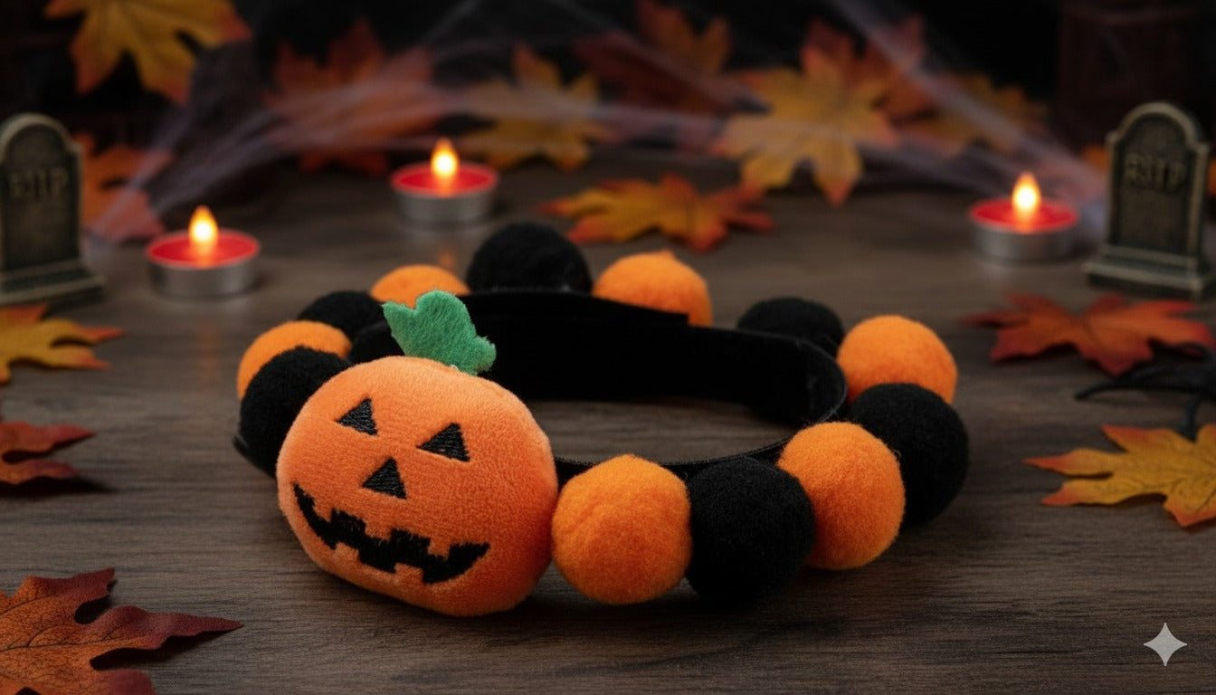Orange pumpkin plush pet collar for Halloween