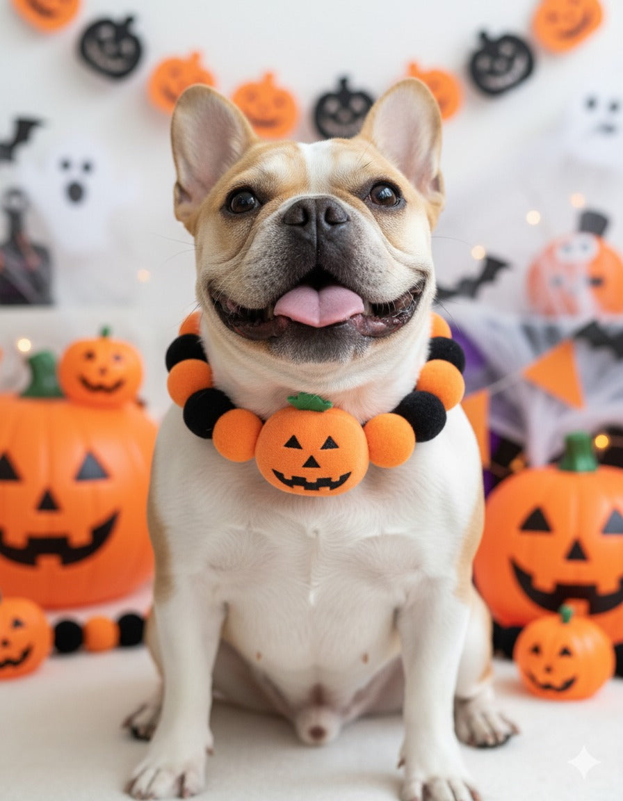 Pet wearing Halloween pumpkin neck cuddle