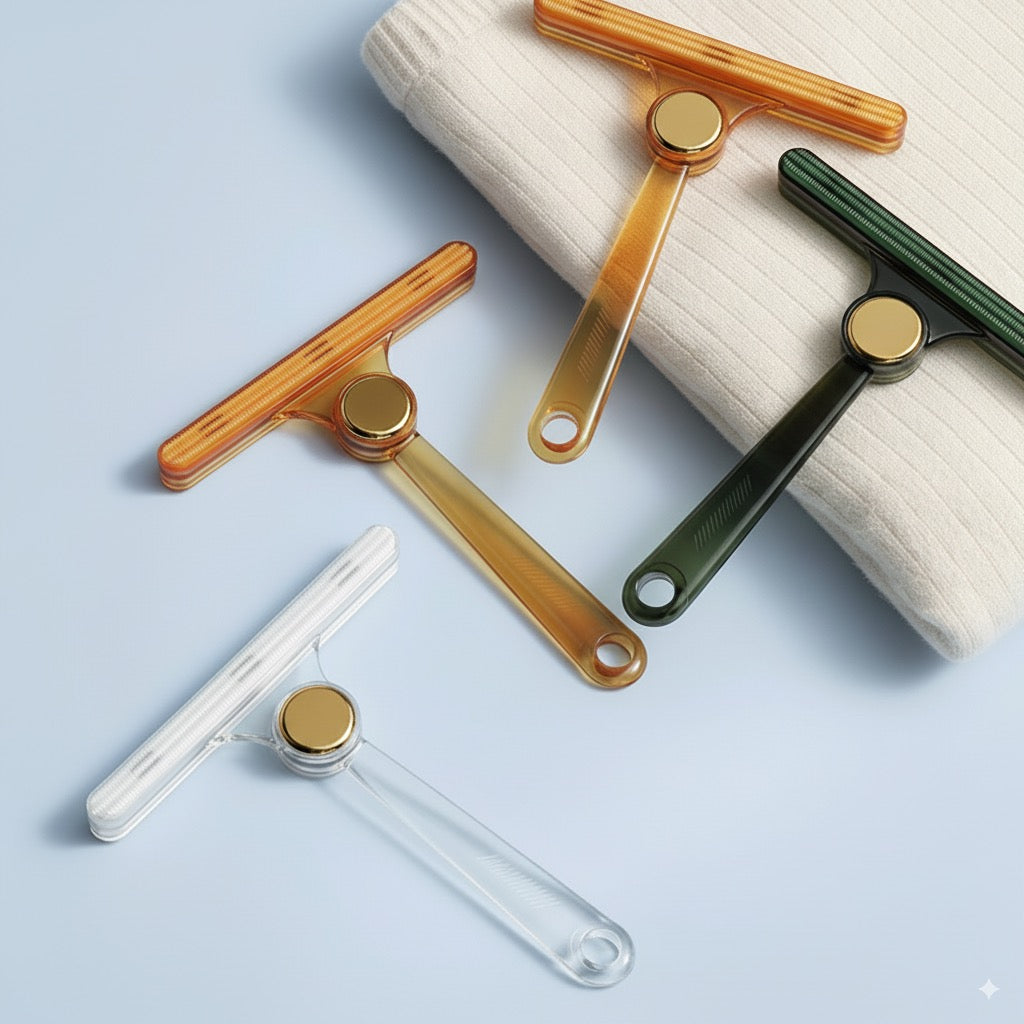 Translucent pet fur remover tool with gold accents