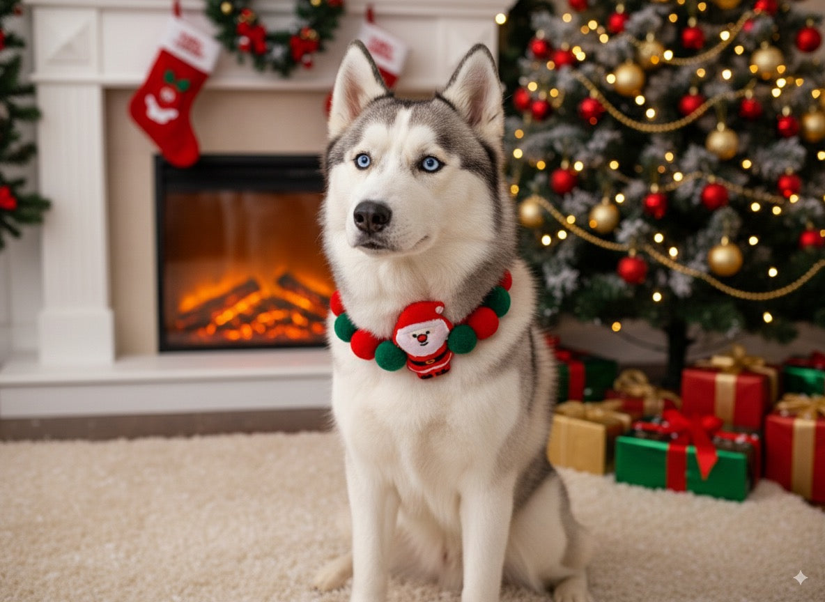 Pet wearing Santa Claus neck cuddle