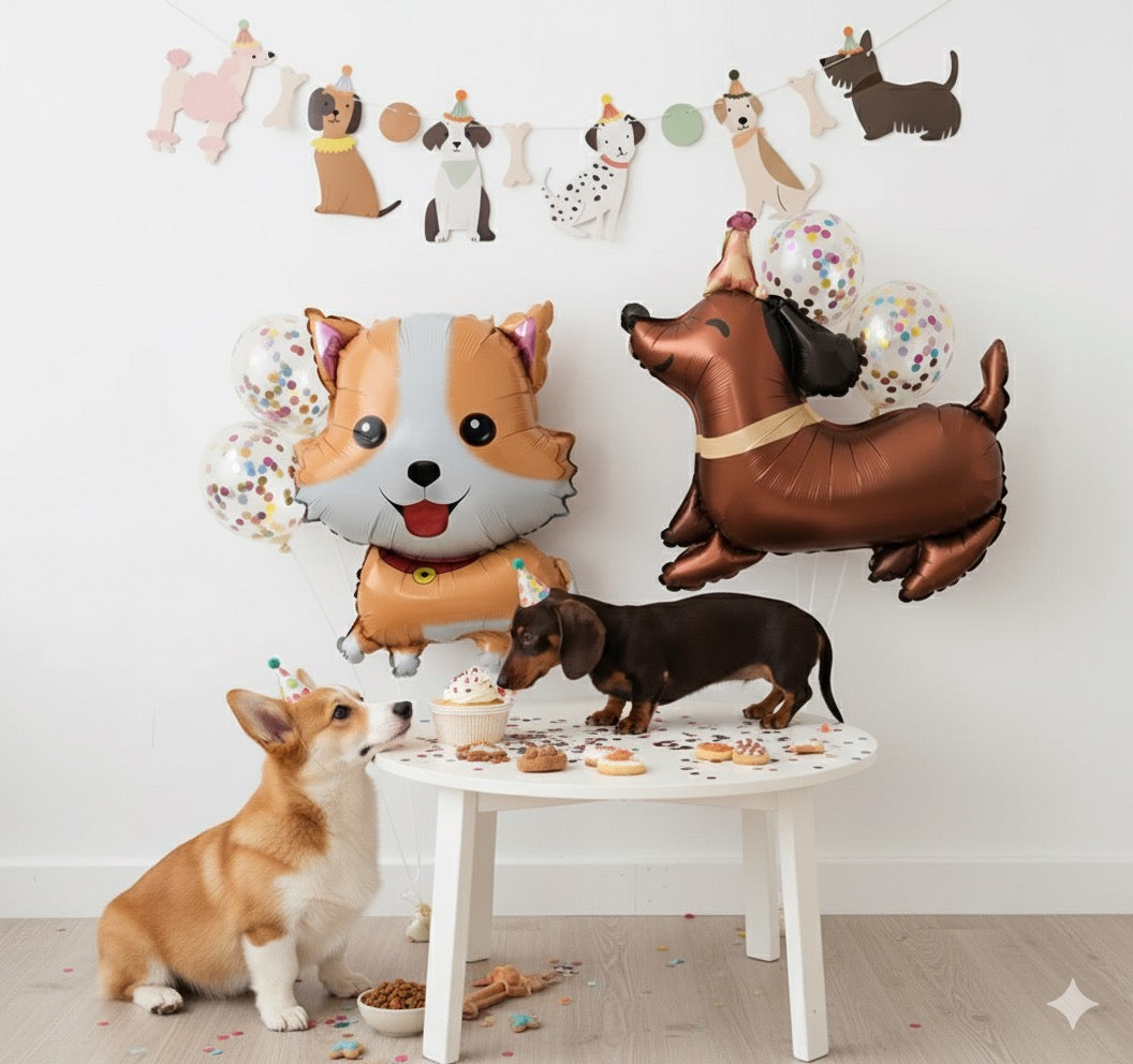Dog-themed party with balloons and a dog sitting at a table.